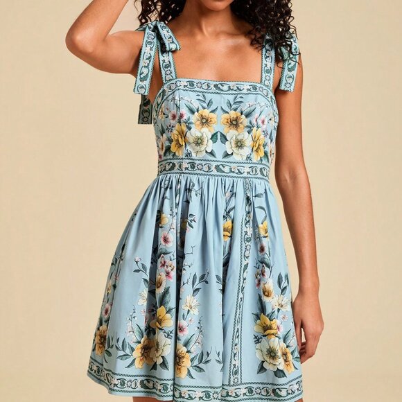 Multicolor Boho Women's Floral Sleeveless Tie-Front Dress - Picture 6 of 7